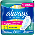 Always Ultra Thin Feminine Pads with Wings for Women, Size 1, Regular Absorbency, Unscented, Up to 100% Leak-Free Protection, 46 Count