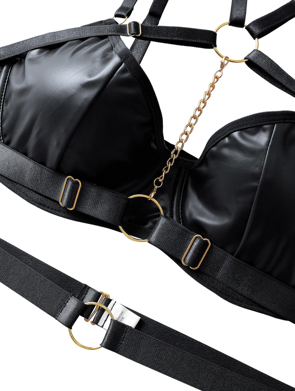 Lilosy Petite Women Sexy Chain Strappy Underwire O Ring Push Up Garter Belt Choker Lingerie Set Latex Harness Bra and Panty 3 Piece Leather Black 3X-Small