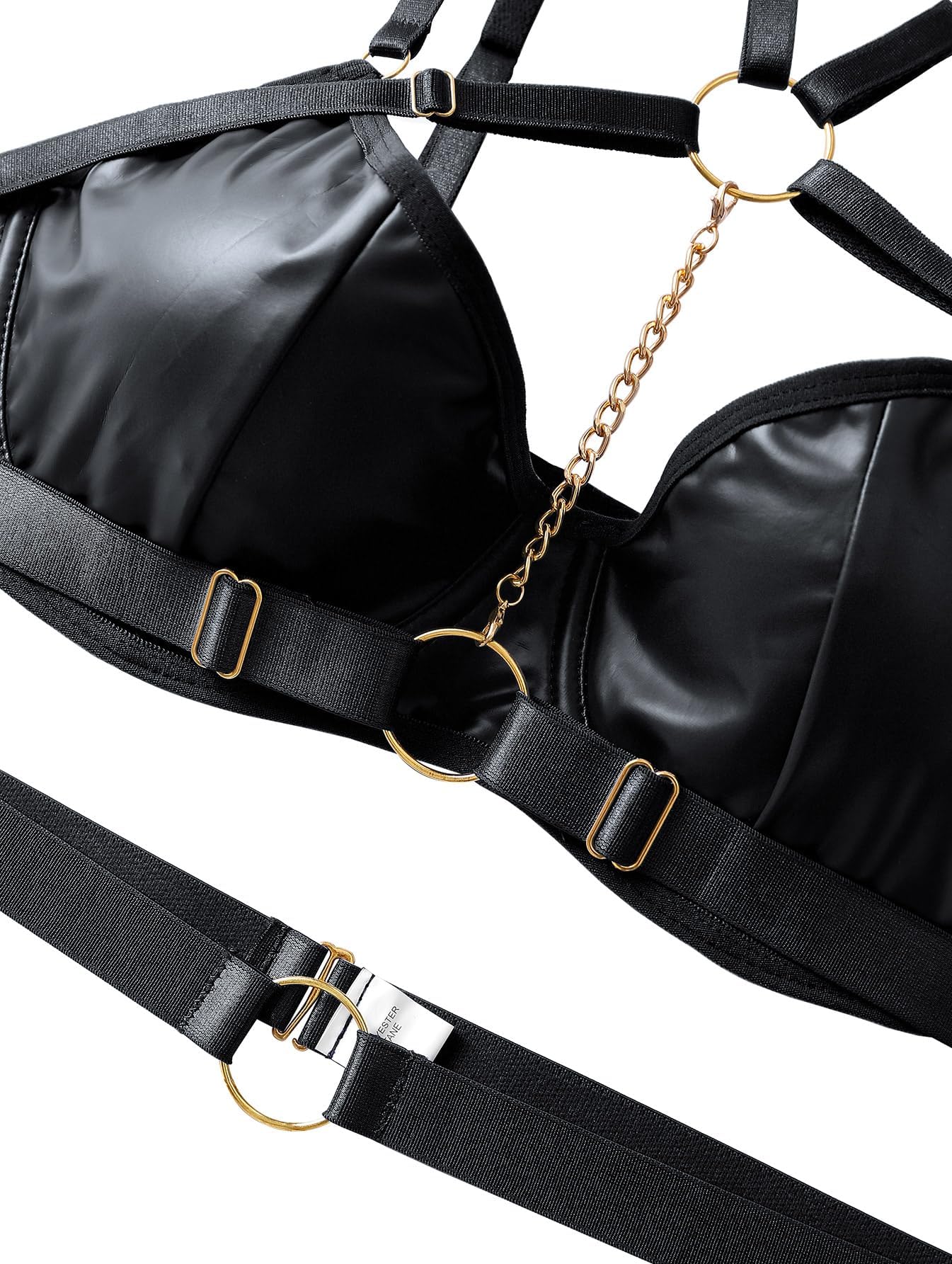 Lilosy Petite Women Sexy Chain Strappy Underwire O Ring Push Up Garter Belt Choker Lingerie Set Latex Harness Bra and Panty 3 Piece Leather Black 3X-Small