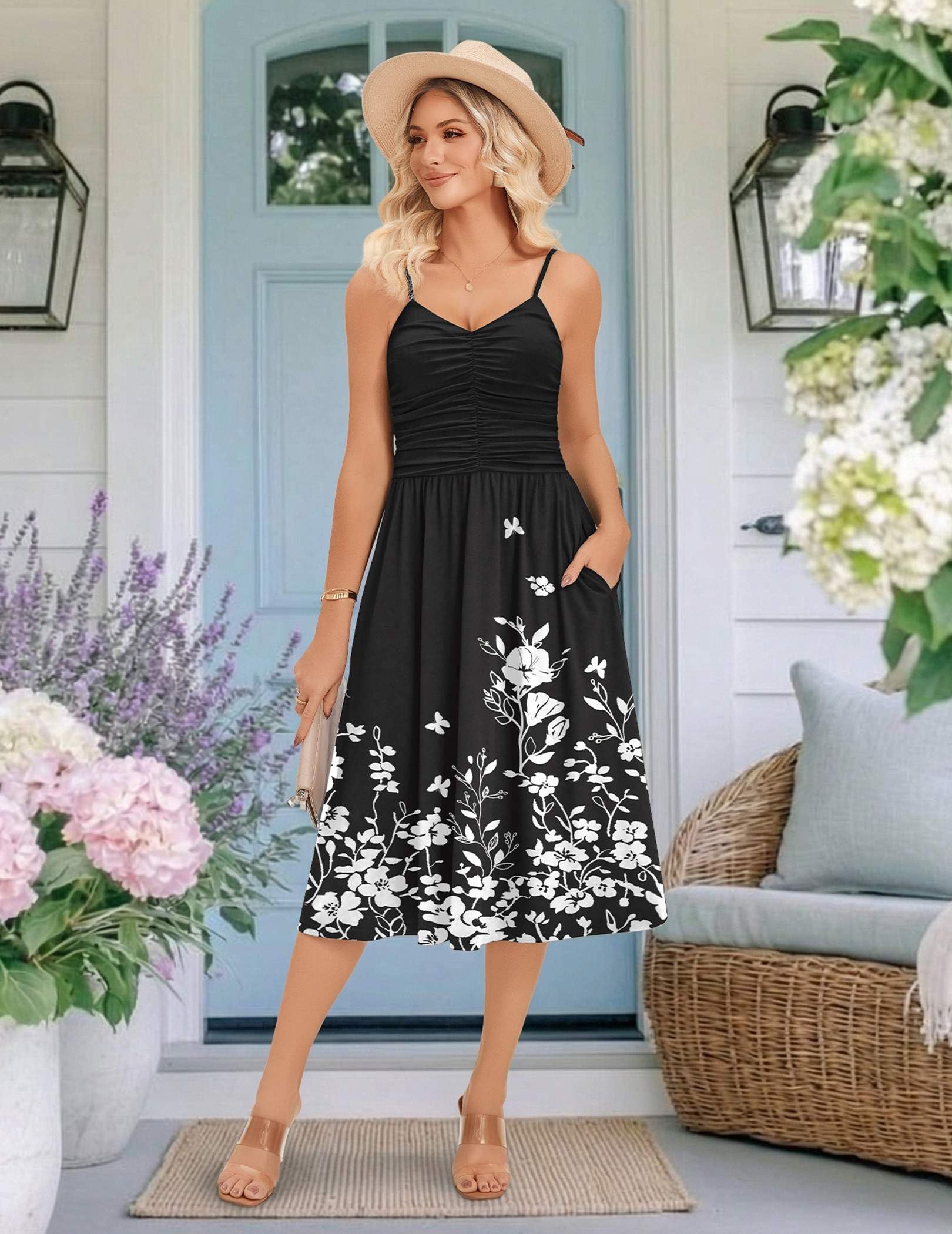 Zeagoo Women's Summer Adjustable Spaghetti Strap Casual Midi Wedding Guest Dress with Pockets Pleated Party Dresses Flowy A Line V Neck Floral Sundress