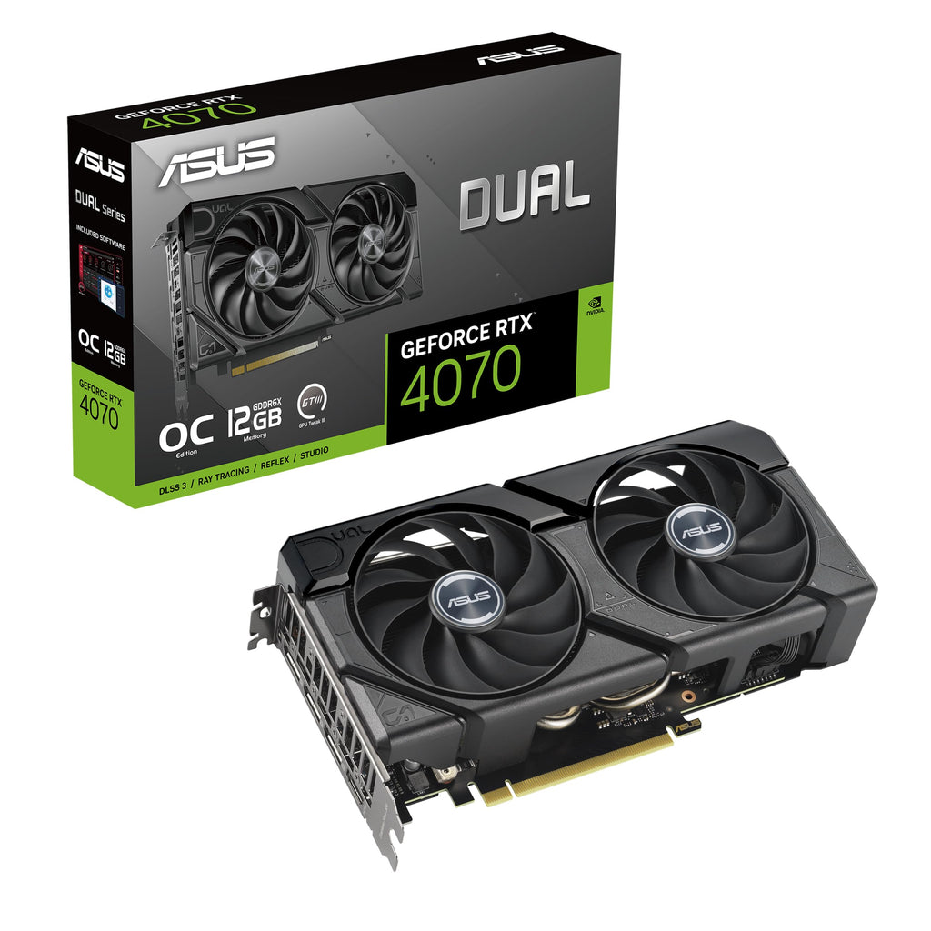 ASUS Dual GeForce RTX™ 4070 EVO OC Edition 12GB GDDR6X is Designed for Broad Compatibility, with a 2.5-Slot Design, Axial-tech Fan Design, 0dB Technology, Auto-Extreme Technology, and More