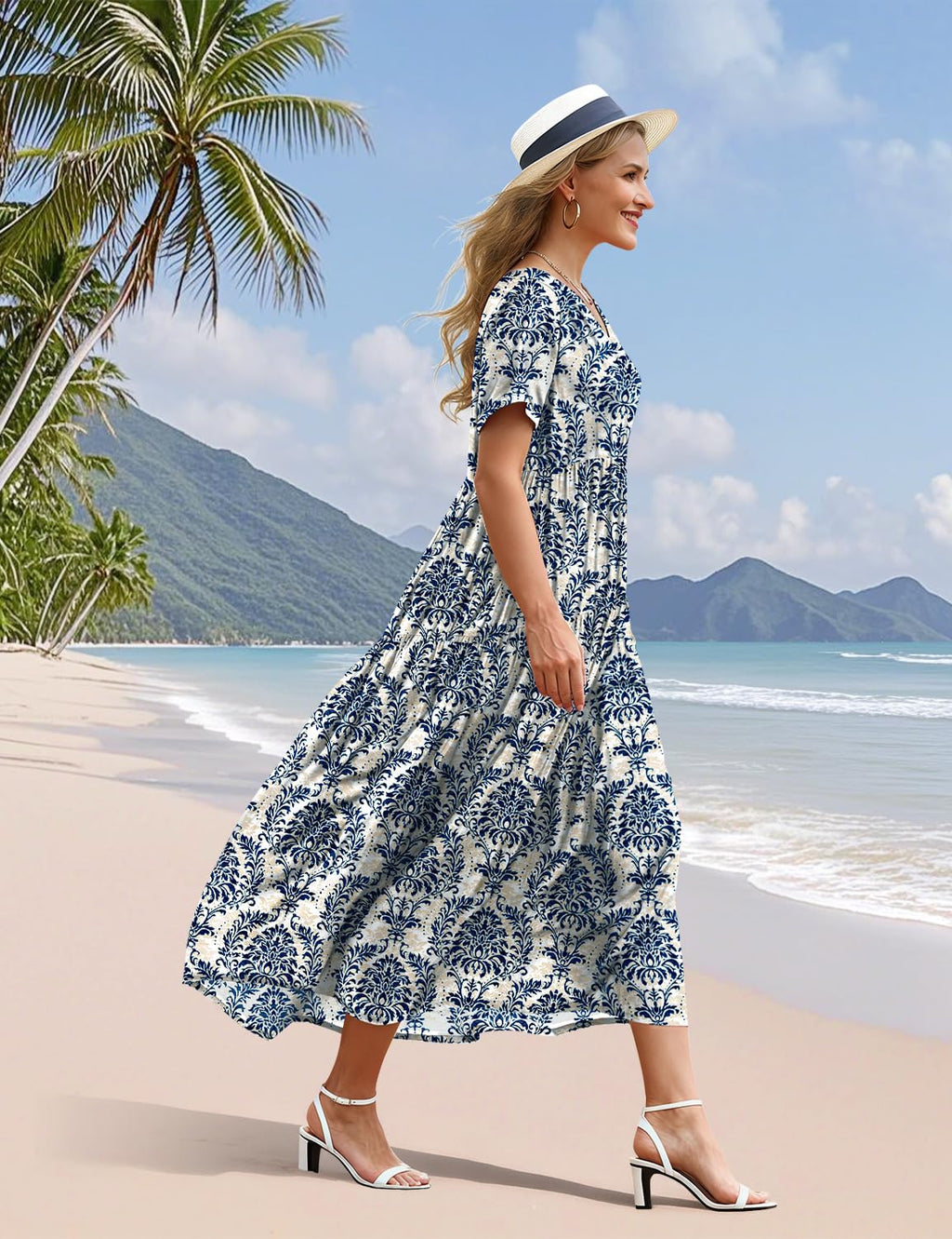 YESNO Women's Summer Maxi Dresses Casual Floral Short Sleeve V Neck Boho Beach Vacation Swing Dress with Pockets 2XL EVF CR425B