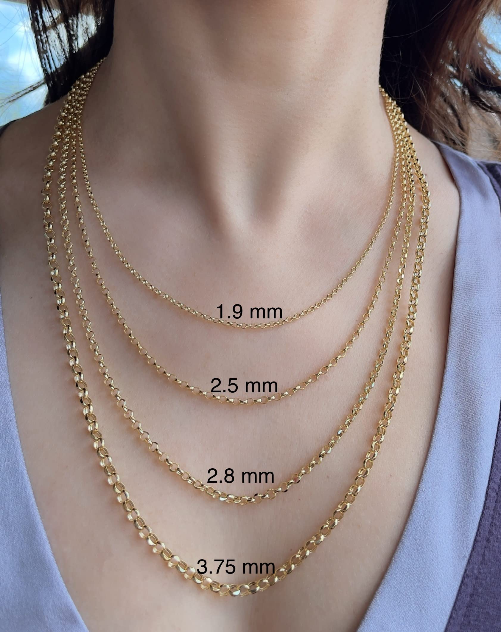 JEWELHEART 14K Yellow Real Gold Rolo Chain 2.5mm Diamond Cut Trendy Round Link Chain Pendant Necklace For Women with Lobster Clasp 22"