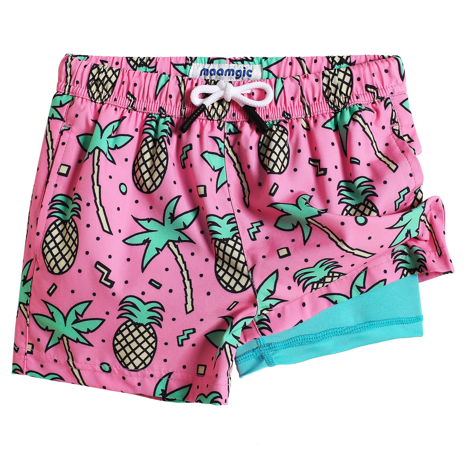 maamgic Boys Swim Trunks with Compression Liner Toddler Stretch Swim Shorts Quick Dry Swimming Trunks Boxer Brief 2 in 1 Beach Shorts Rose Coconut 10/12
