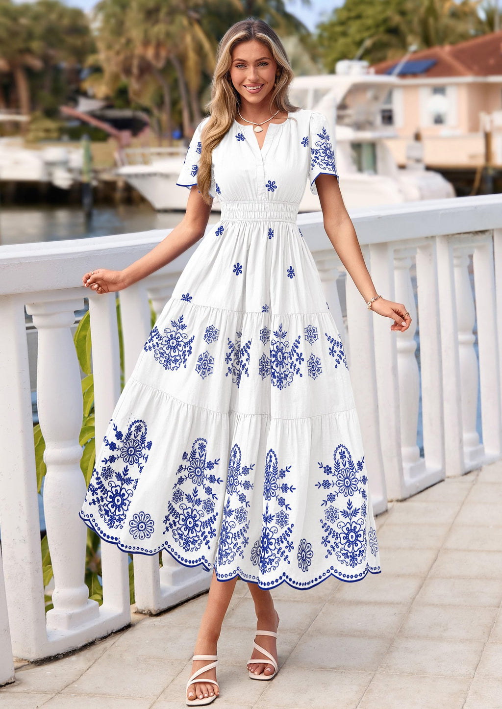 PRETTYGARDEN Summer Dresses for Women 2026 Floral Boho Maxi Spring Casual Short Sleeve V Neck Elastic Waist Dress Pockets (White Blue Flower,Medium)