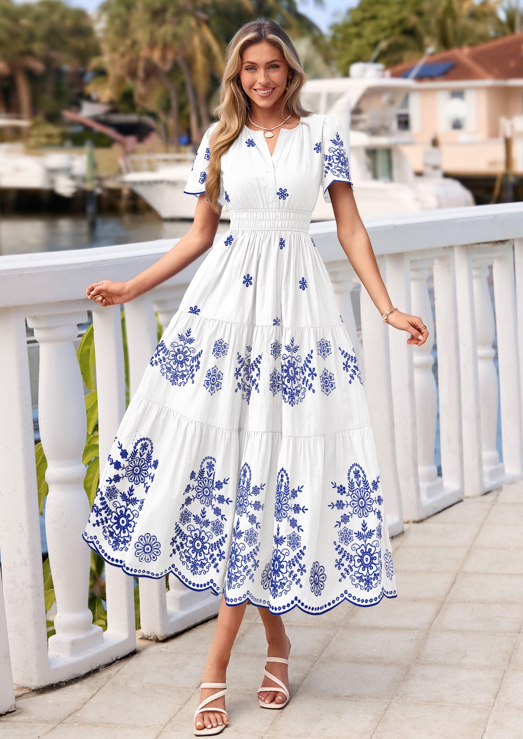 PRETTYGARDEN Summer Dresses for Women 2026 Floral Boho Maxi Spring Casual Short Sleeve V Neck Elastic Waist Dress Pockets (White Blue Flower,Medium)