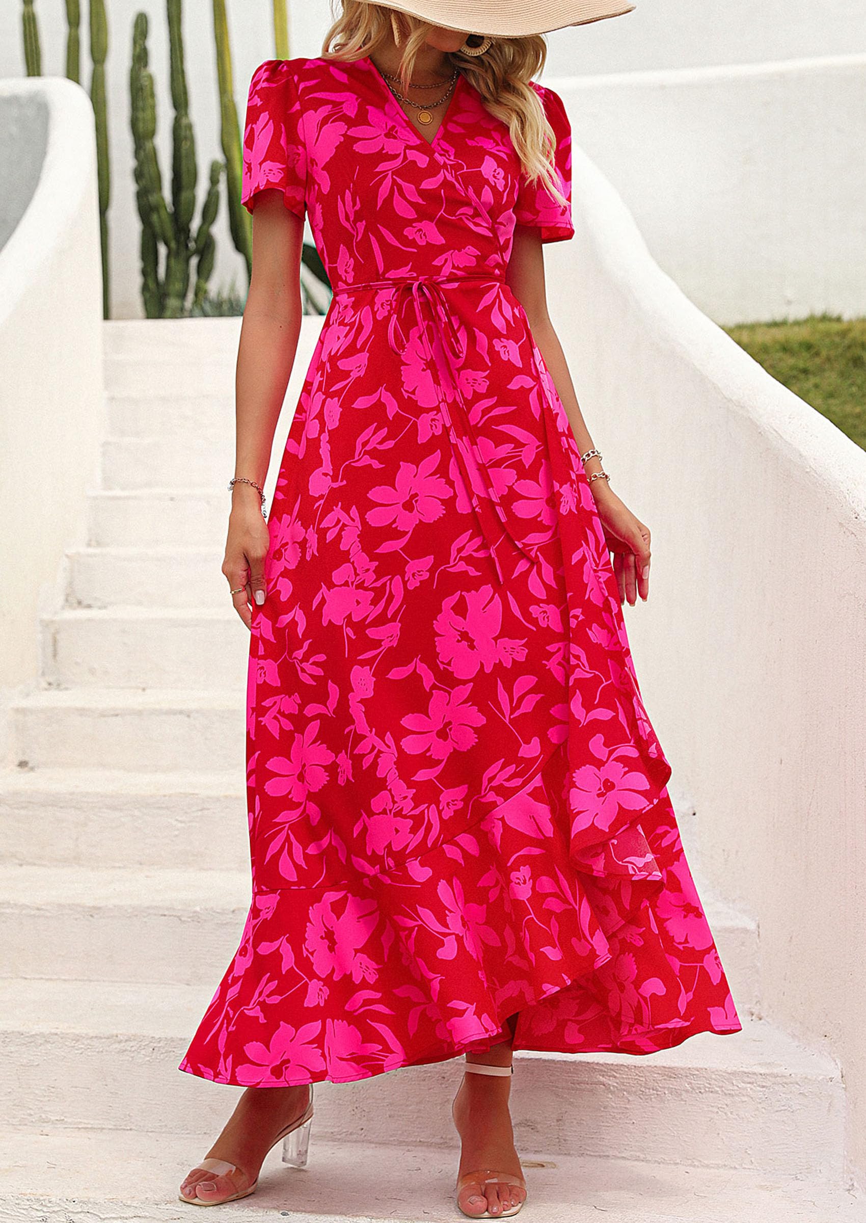 PRETTYGARDEN Women's Summer Wrap Maxi Dress Casual Boho Floral V Neck Short Sleeve Ruffle Hem Split Beach Long Dresses (Red Floral,Large)