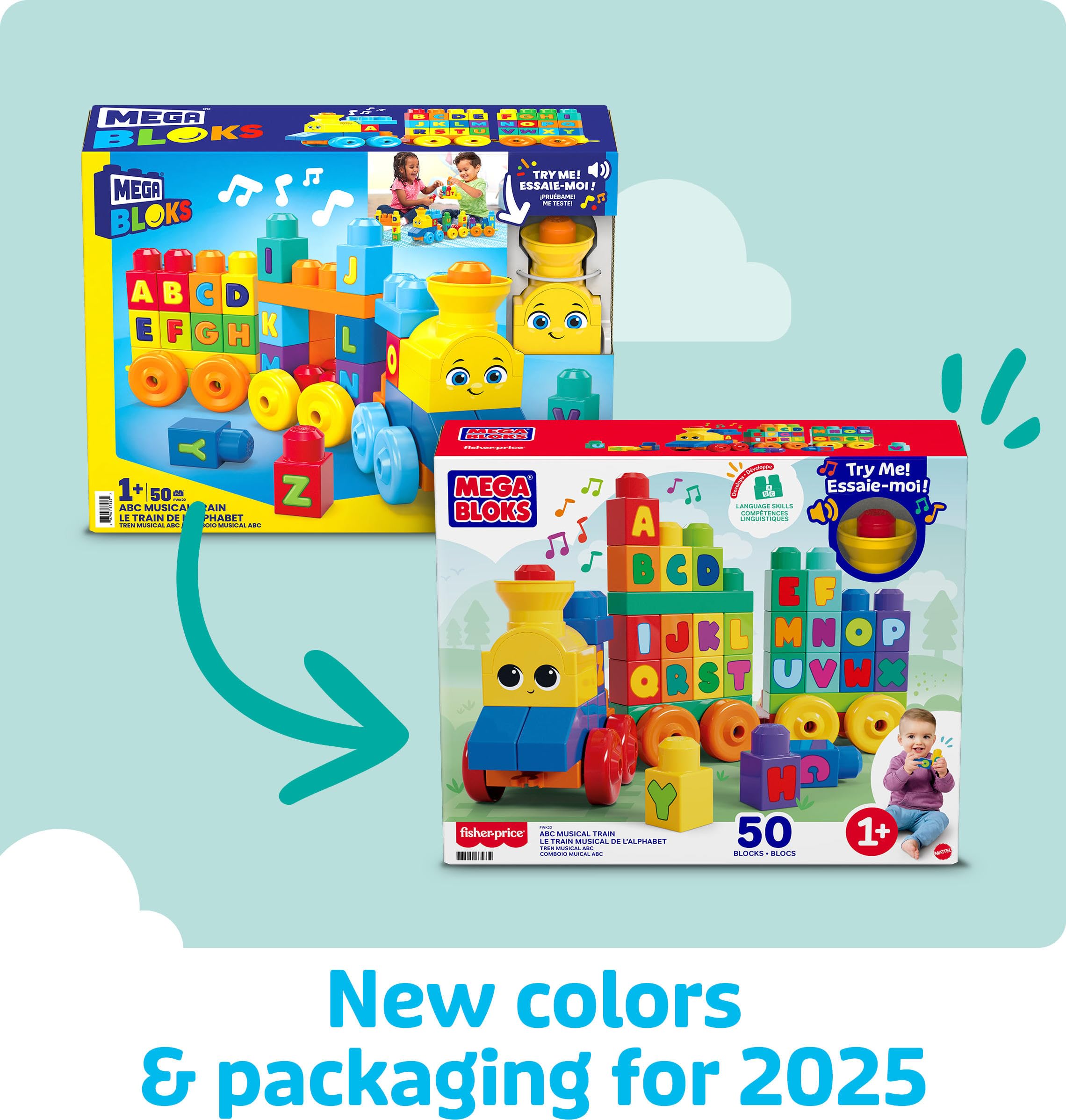 MEGA BLOKS First Builders Toddler Building Blocks Toy Set, ABC Musical Train with 50 Pieces, Music and Sounds, Ages 1+ Years