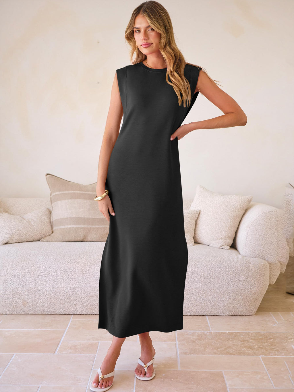 ANRABESS Women Summer Casual Sleeveless Maxi Dress 2026 Crewneck Loose Split Wrinkle-Free Beach Travel Vacation Long Sundress Black Medium