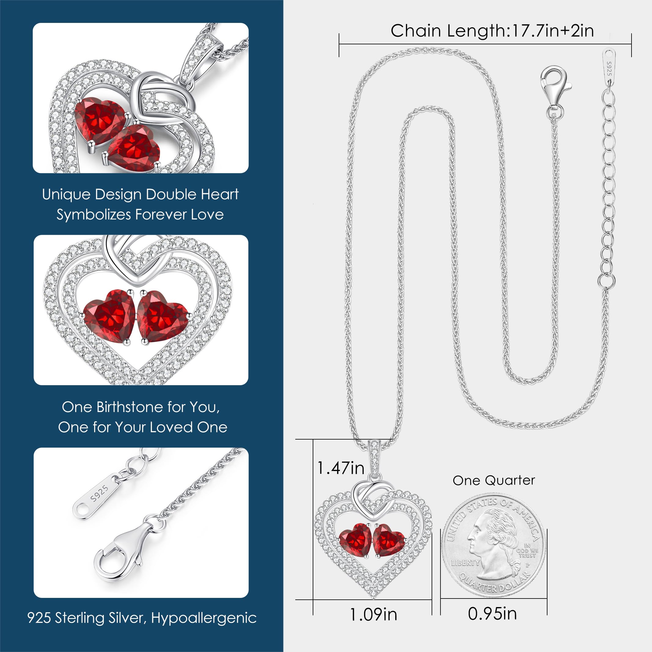 LOUISA SECRET Sparkling Double Heart Birthstone Necklace Gifts for Women, 925 Sterling Silver Fine Jewelry, Pendant Heart Necklace Birthday Anniversary Christmas Gift for Women Wife Mom Girlfriend