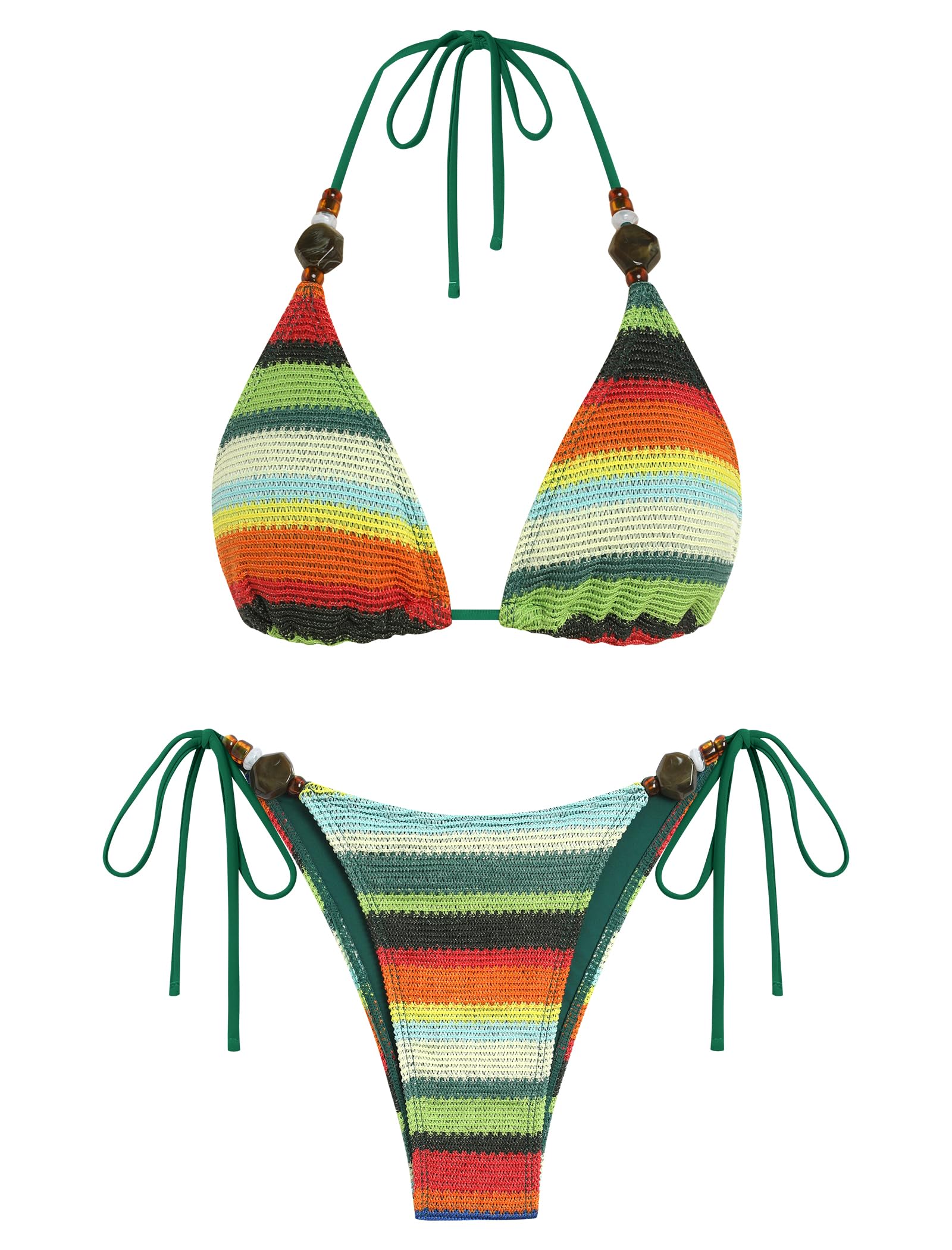 ZAFUL Swim Suits for Women 2026 Thong Bikini Sets Triangle Bikini with Sexy Bathing Suit Bottoms 2 Piece Cheeky String Bikini Retro Brazilian Beads Striped Self Tie Backless Simsuits Swimwear Green M