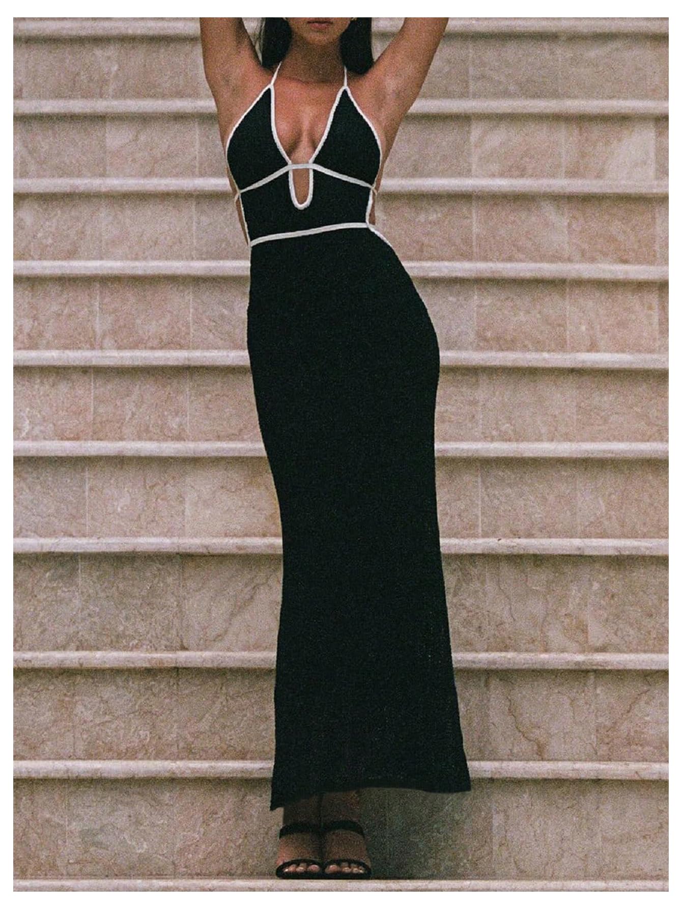 GORGLITTER Women's Deep V Halter Knit Boho Maxi Dress Backless Crochet Birthday Fall Wedding Guest Long Dresses Black Small