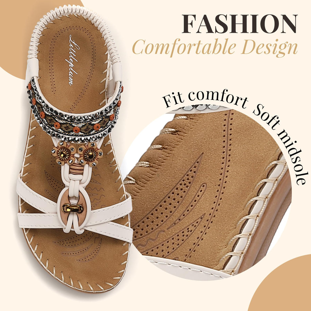 Littleplum Sandals for Women Arch Support Handmade Sandals Women's Summer Beach Sandals Comfort Walking Shoes Bohemian Flip Flops Womens Sandals Cream White Size 8