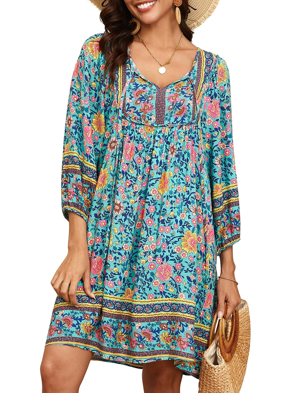 Qearal Womens Dresses Casual Summer V Neck 3/4 Sleeve Flowy Beach Boho Floral Dress Blue XL