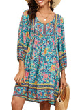 Qearal Womens Dresses Casual Summer V Neck 3/4 Sleeve Flowy Beach Boho Floral Dress Blue XL
