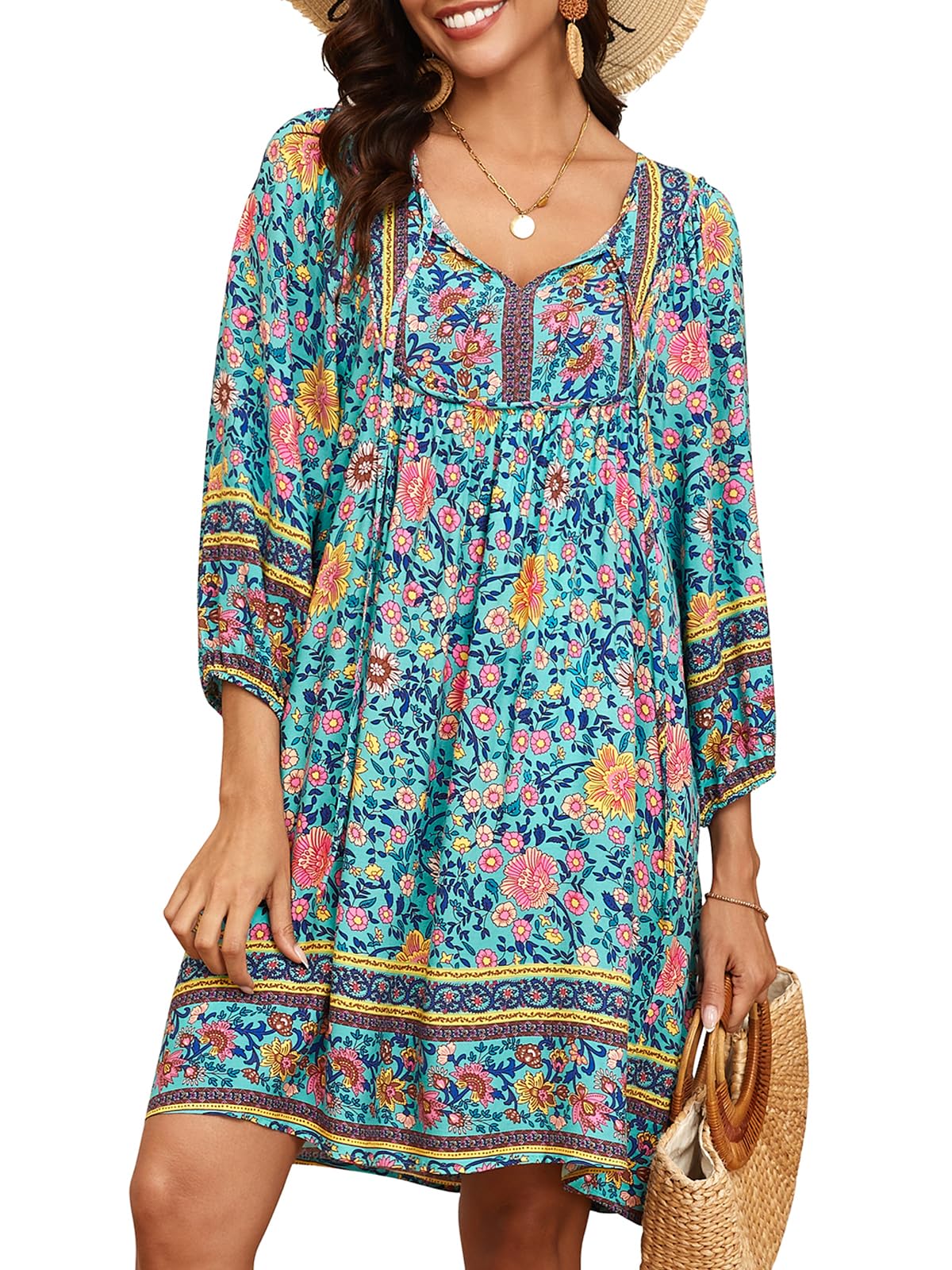 Qearal Womens Dresses Casual Summer V Neck 3/4 Sleeve Flowy Beach Boho Floral Dress Blue XL