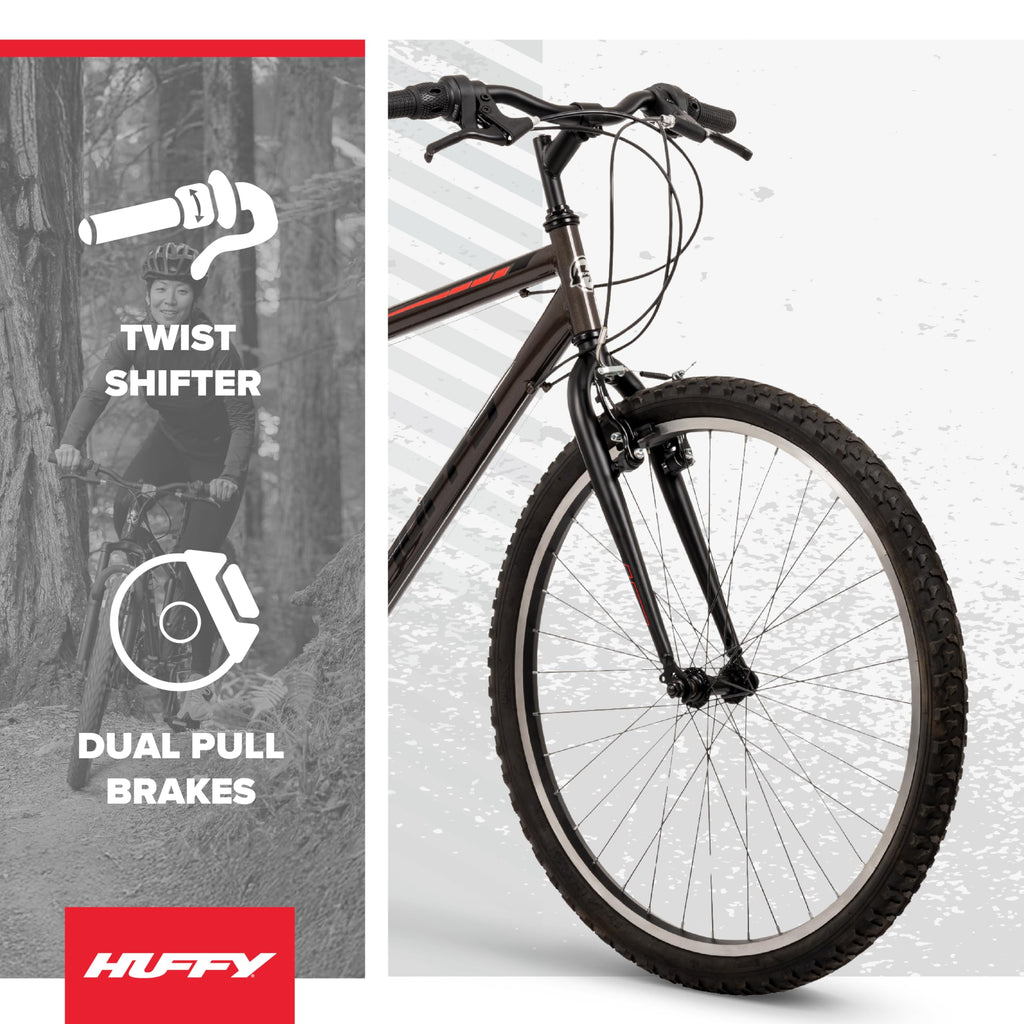 Huffy North Peak 26-Inch Men's Mountain Bike, Durable Hi-Ten Steel Frame, 15-Speed Twist Shifter, Front and Rear Linear-Pull Brakes, All-Terrain Tires, Padded ATB Saddle
