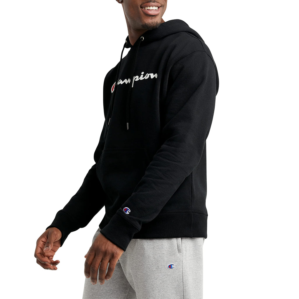 Champion Men's Pullover Graphic Fleece Hoodie, Standard Fit, Midweight Fleece, Classic Script Logo, Available in Regular and Big & Tall, Black, Medium