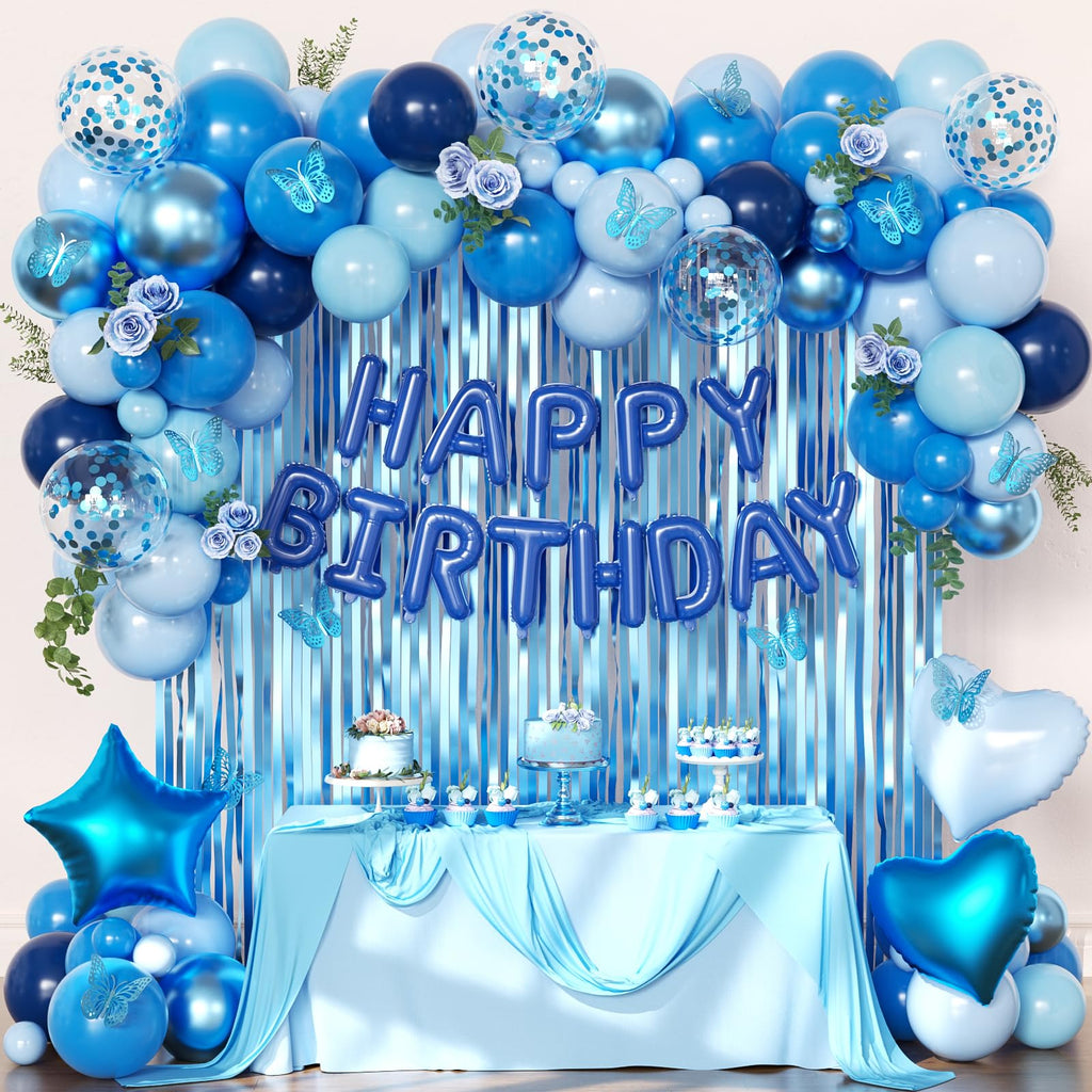 Navy Blue Birthday Decorations for Men Boys, Navy Blue Macaron Light Metallic Blue Confetti Balloons Happy Birthday Banner Butterfly Fringe Curtains for 21st 25th 30th Birthday Decorations