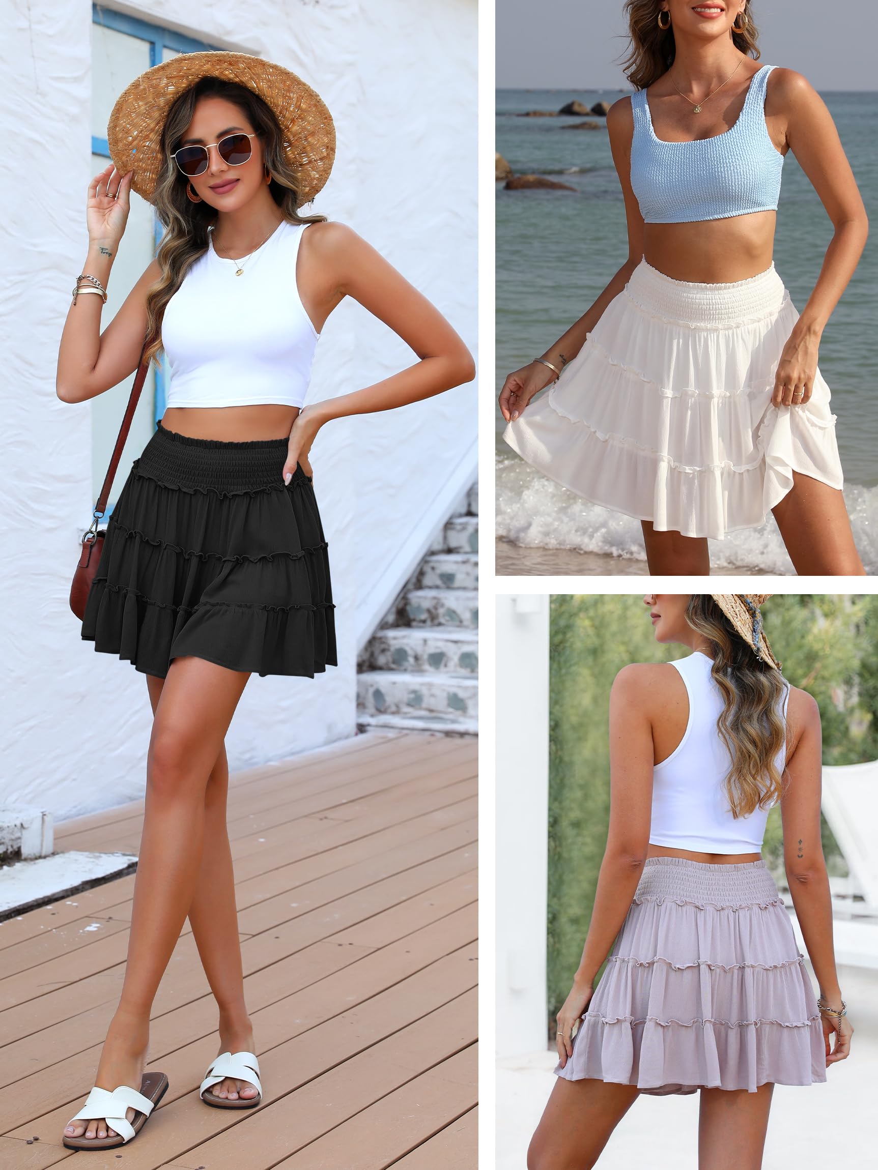 Caracilia Womens Summer Flowy Mini Skorts Skirts High Waist Ruffle Tiered Casual Cute Boho Beach Short Skirts Built-in Shorts Black Large