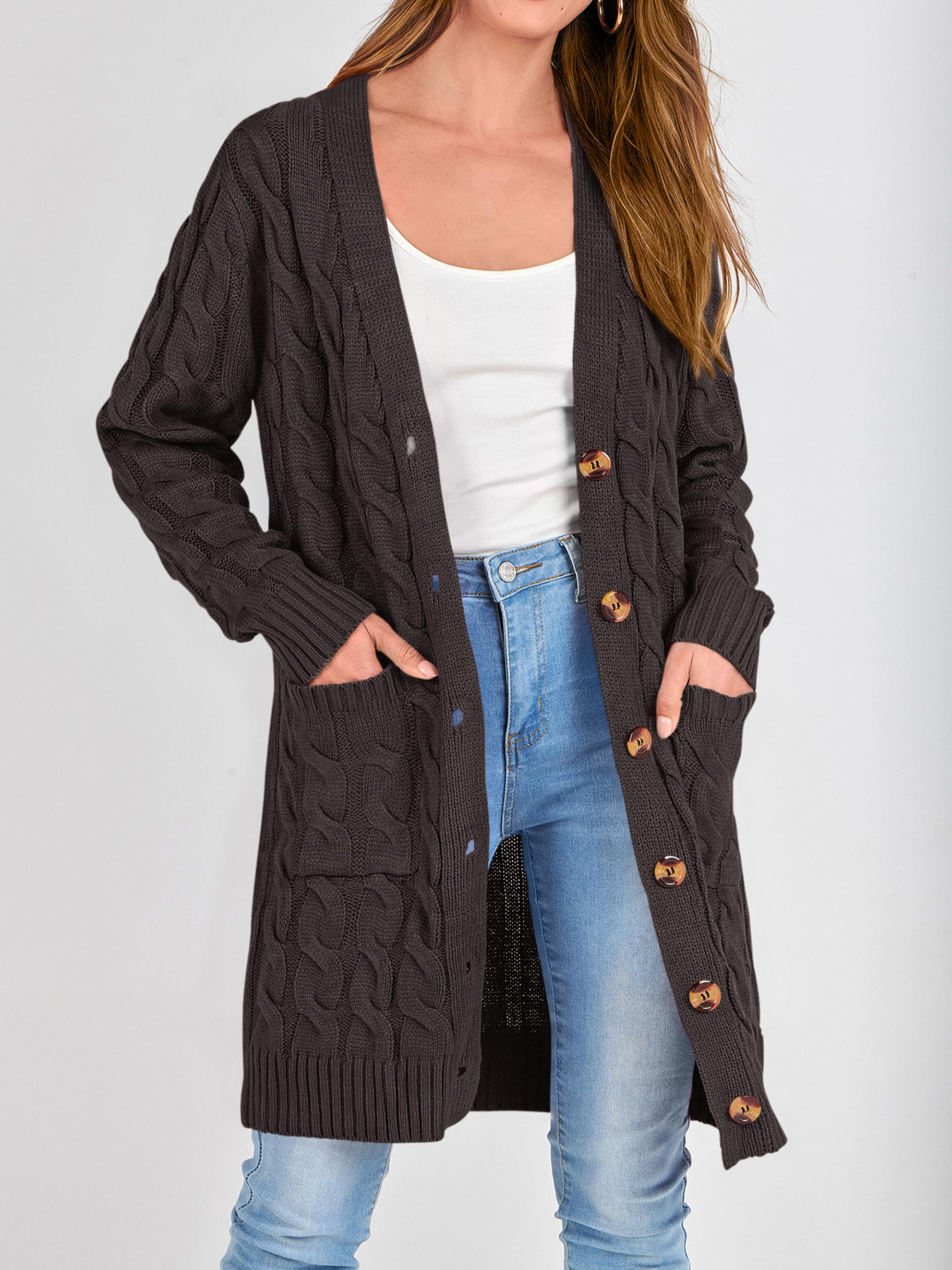 PRETTYGARDEN Long Sleeve Cable Knit Long Cardigan for Women 2026 Spring Winter Chunky Open Front Button Sweaters with Pockets (Dark Grey, Small)