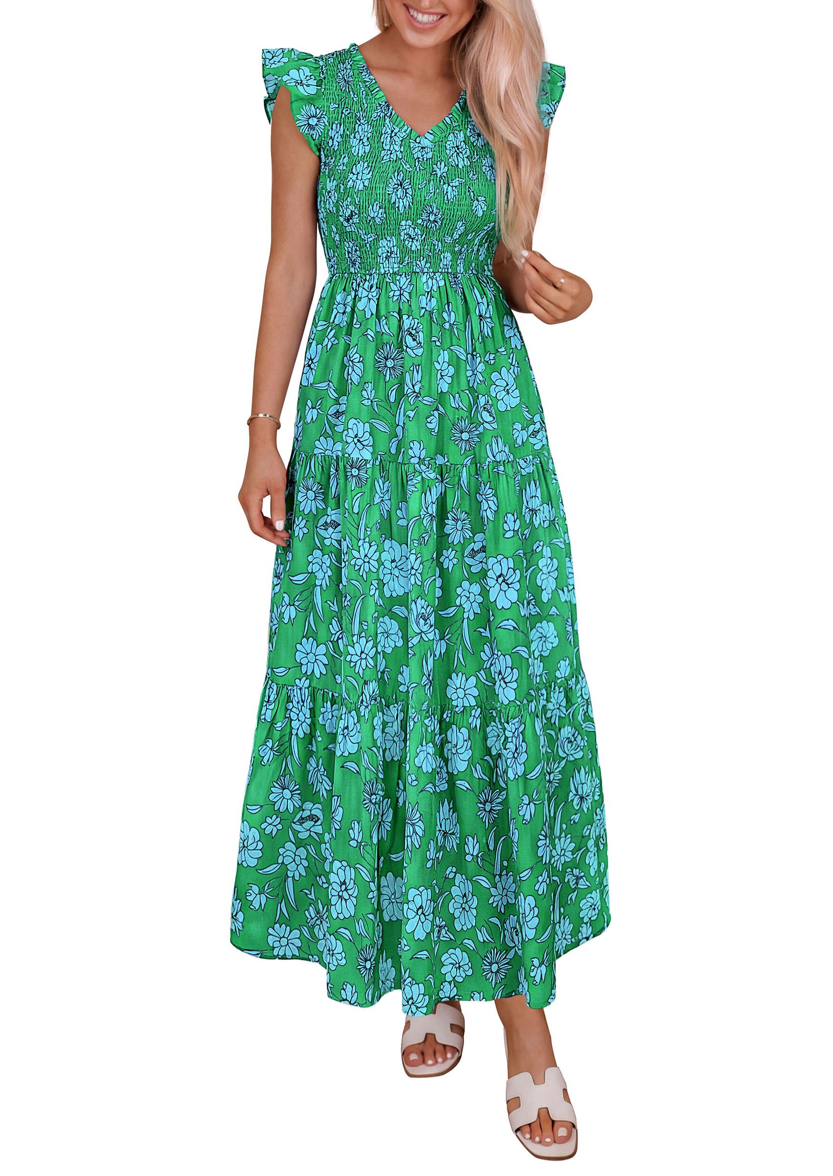 PRETTYGARDEN Women's Boho Floral Maxi Dress 2026 Summer Smocked V Neck Ruffle Sleeve Spring Flowy Beach Vacation Sundresses (Green White Floral,Medium)