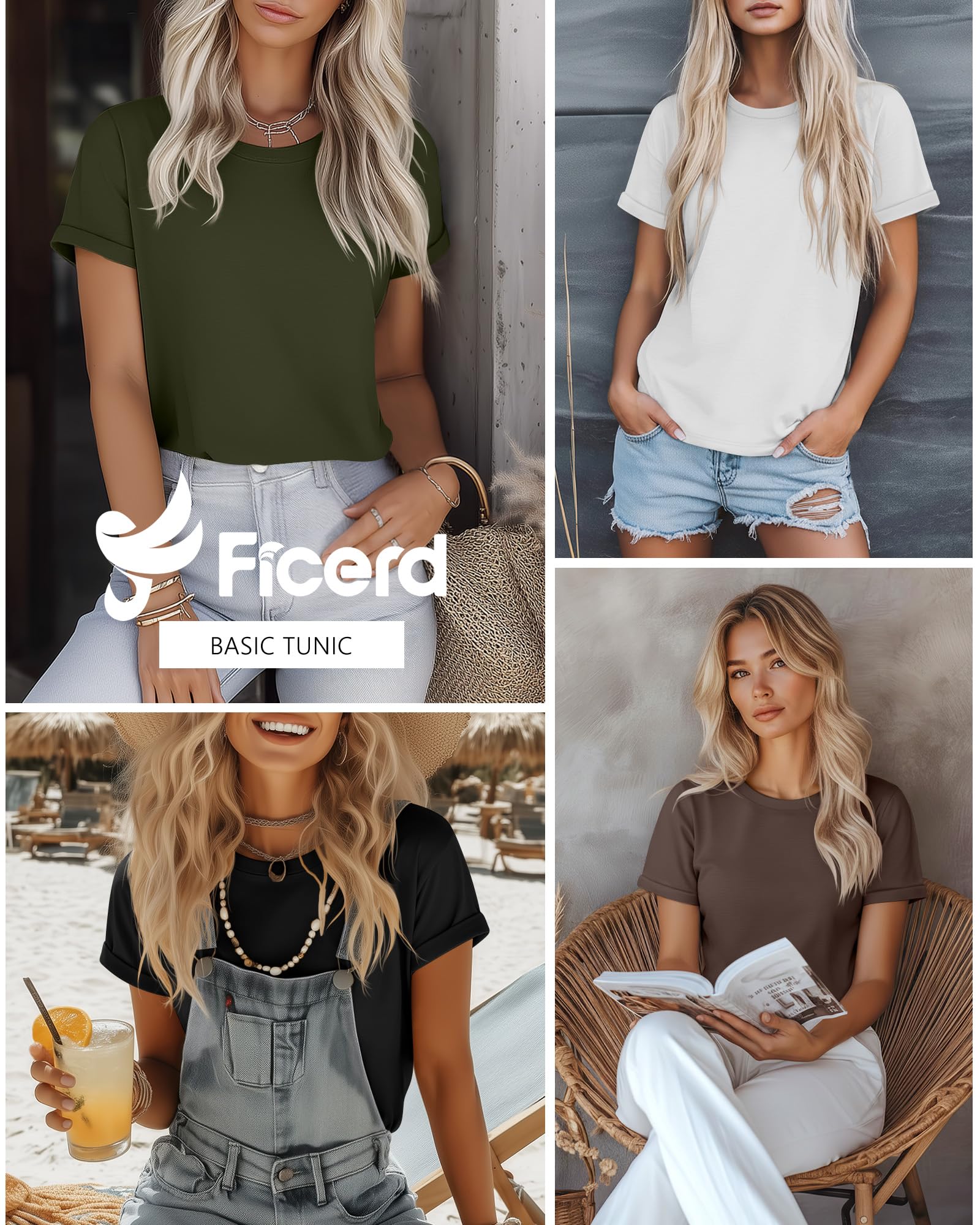 Ficerd 4 Pack Women's Cotton T Shirts Casual Short Sleeve Tunic Tops Crewneck Plain Summer Loose Fit Rolled Sleeve Basic Tee(Black, Dark Gray, Light Gray, White,Large)