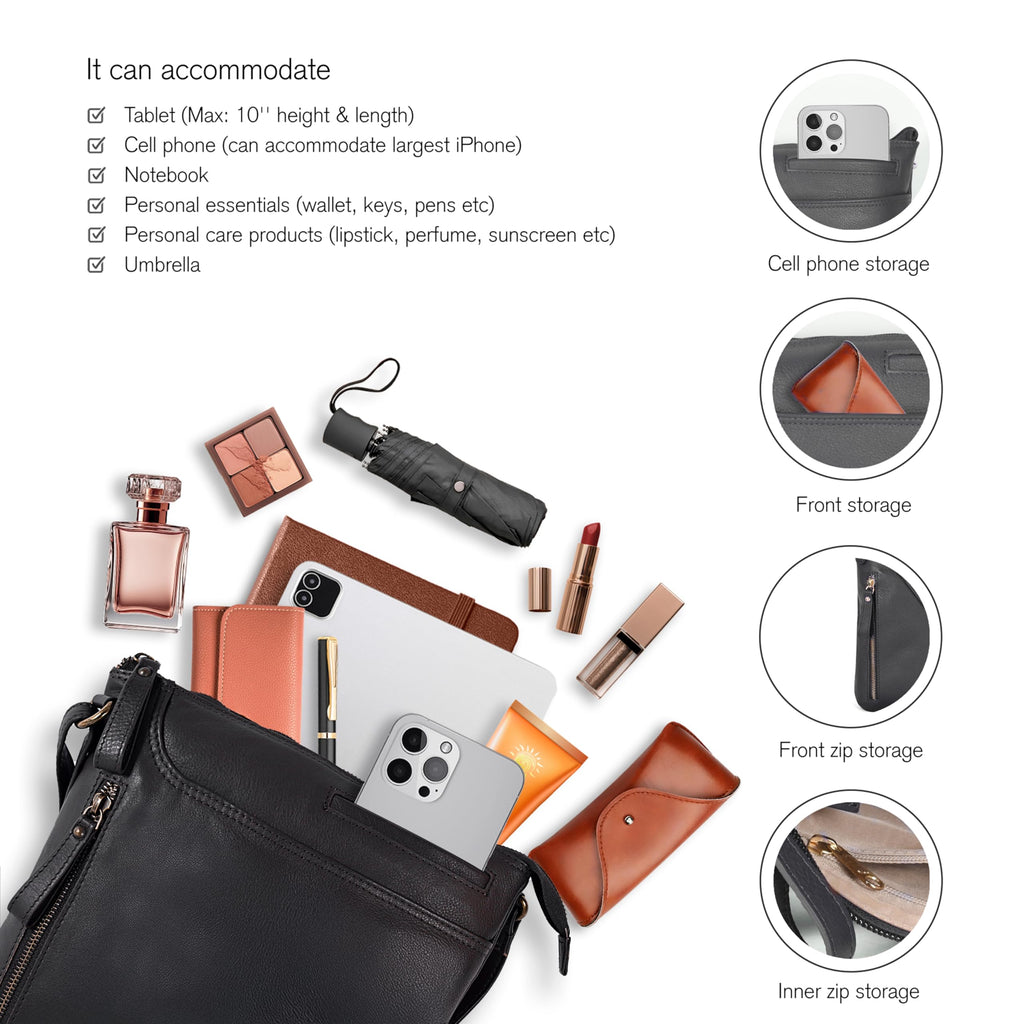 Leather Crossbody Bags for Women - Ladies Sling Handbags - Medium Cross body Purses Handbags - Purses For Women (Black Washed)
