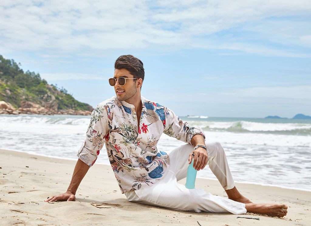 COOFANDY Men's Cotton Linen Shirts Long Sleeve Casual T-Shirts Hippie Summer Beach Tops