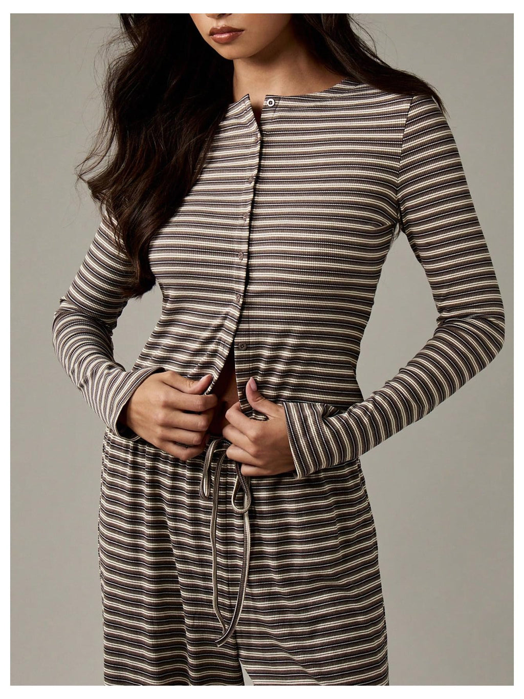 WDIRARA Women's Striped 2 Piece Pants Outfits Long Sleeve Button Down Knit Top Set Leisure Fall Casual Brown Small