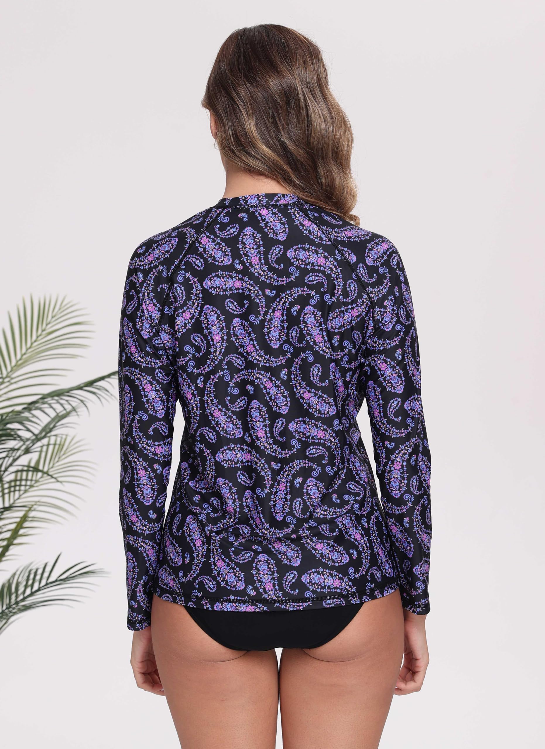 Halcurt Women's Long Sleeve Rash Guard Swim Shirts Quick Dry UPF50+ UV Sun Protection Swimsuit Top Black Purple Paisley M