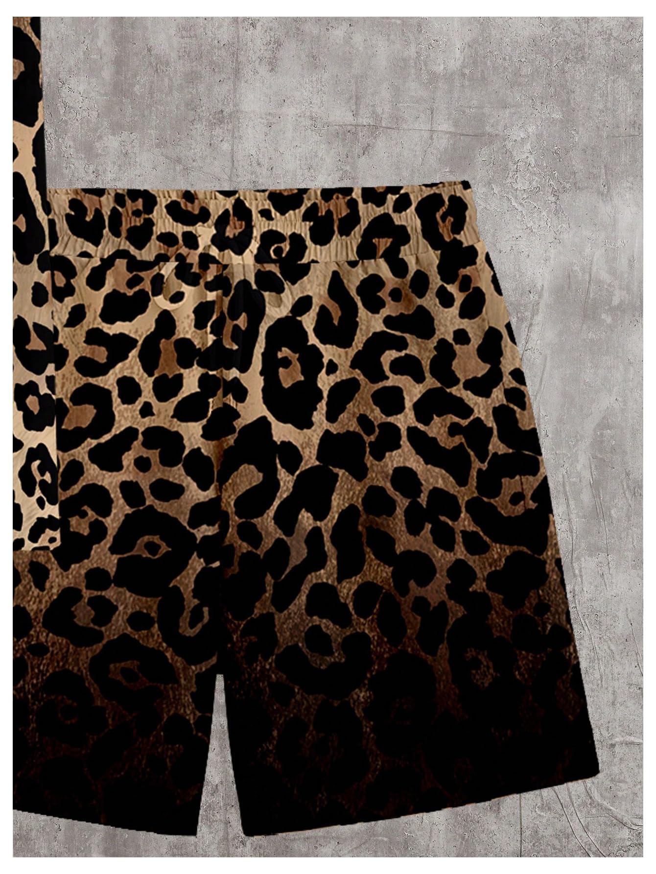 WDIRARA Men's 2 Piece Leopard Print Outfit Button Up Collared Short Sleeve Shirt and Drawstring Waist Shorts Black and Brown Large