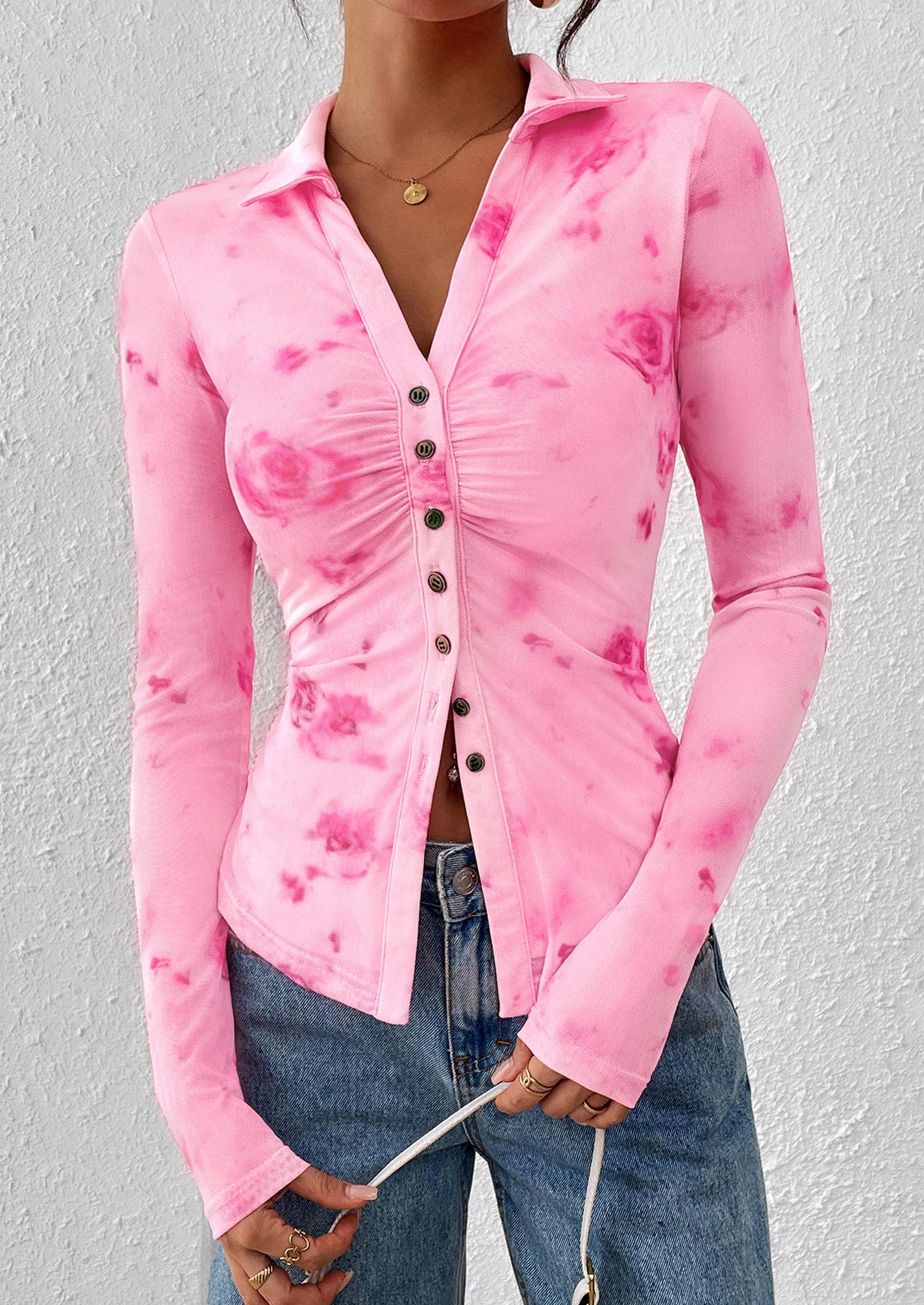 PRETTYGARDEN Women Button Down Floral Shirts 2026 Fall Trendy Long Sleeve V Neck Mesh Boho Blouse Spring Tops Date Outfits (Pink,Large)