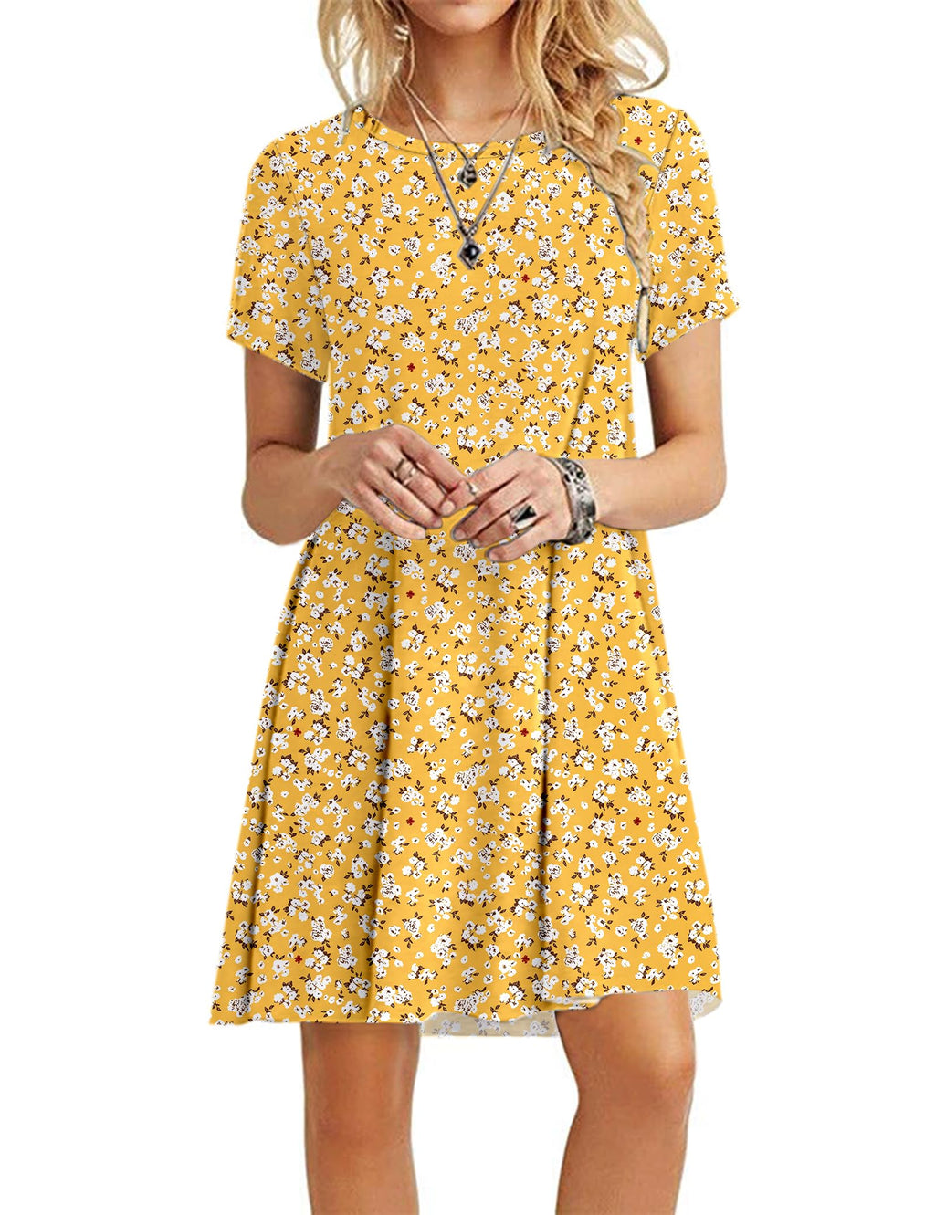 MOLERANI Women's Casual Plain Simple T-Shirt Loose Dress,Yellow Floral,M