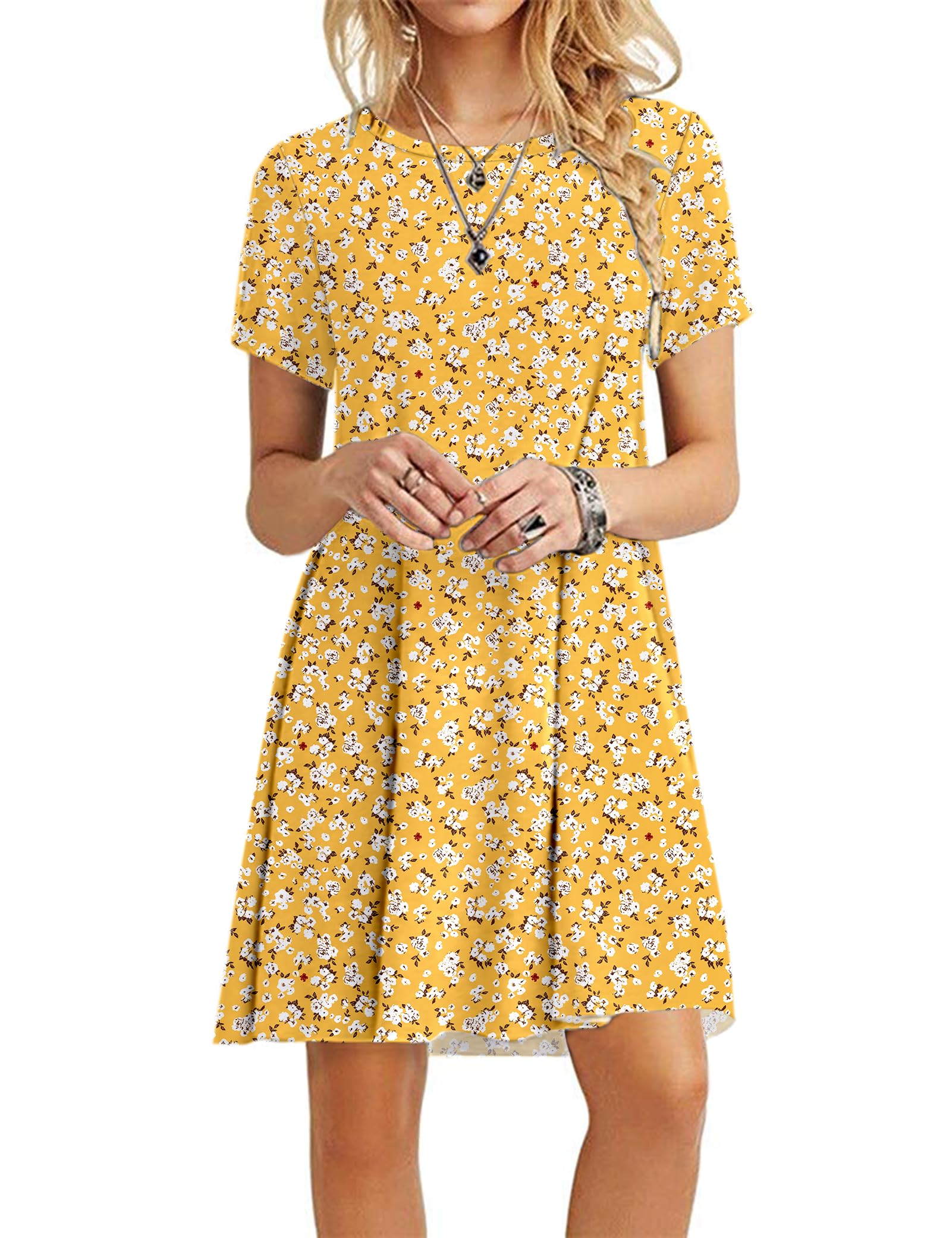 MOLERANI Women's Casual Plain Simple T-Shirt Loose Dress,Yellow Floral,M