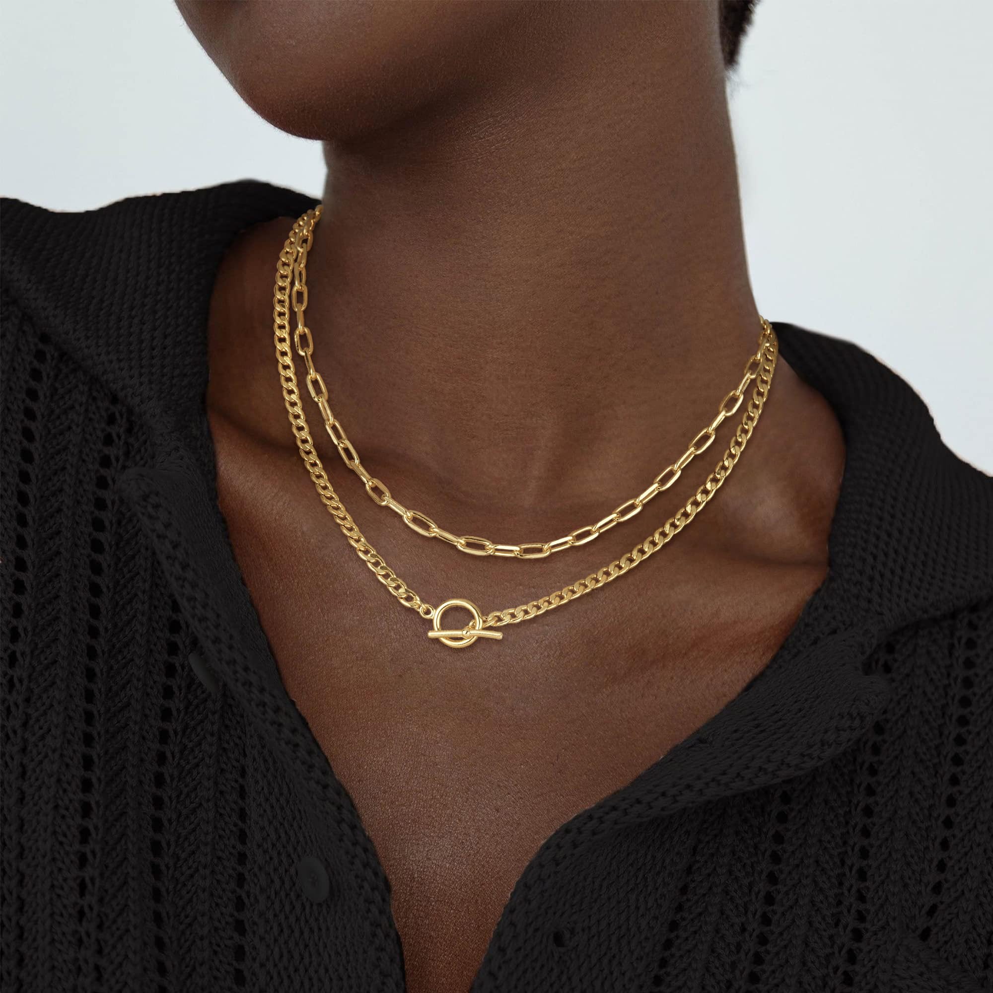 CHESKY Layered Necklaces for Women, 14K Gold Plated Chain Necklace Trendy Cuban Link Paperclip Chain Toggle Clasp Necklace Fashion Chunky Jewelry Accessories for Women