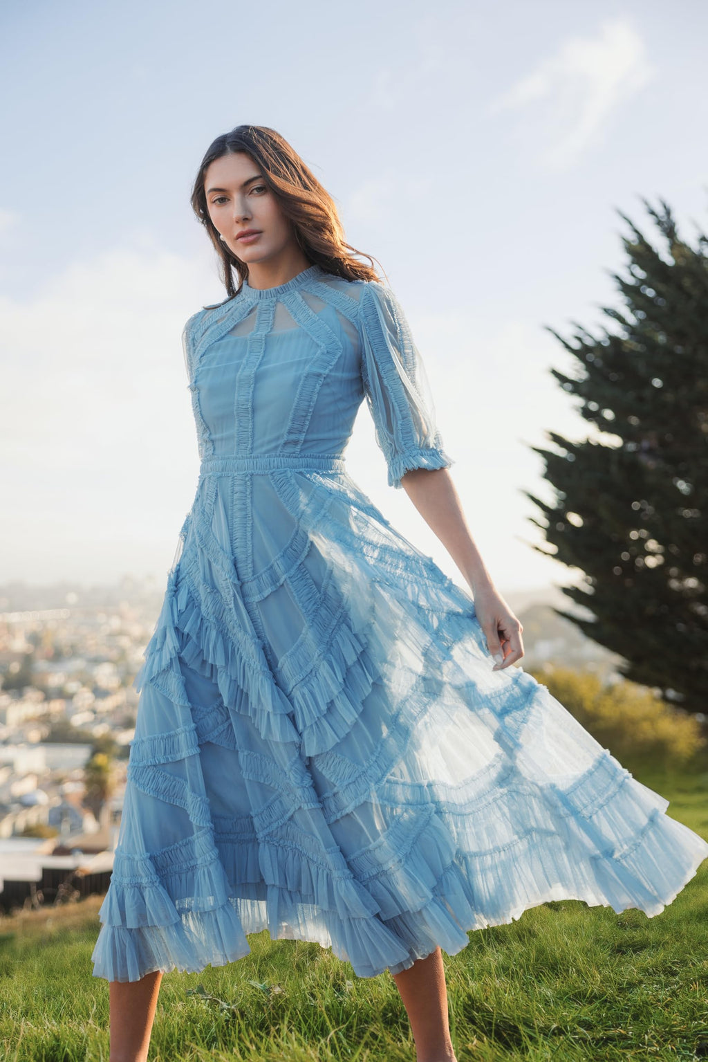 Mac Duggal Mesh Ruffle Tiered A Line Midi Dress French Blue