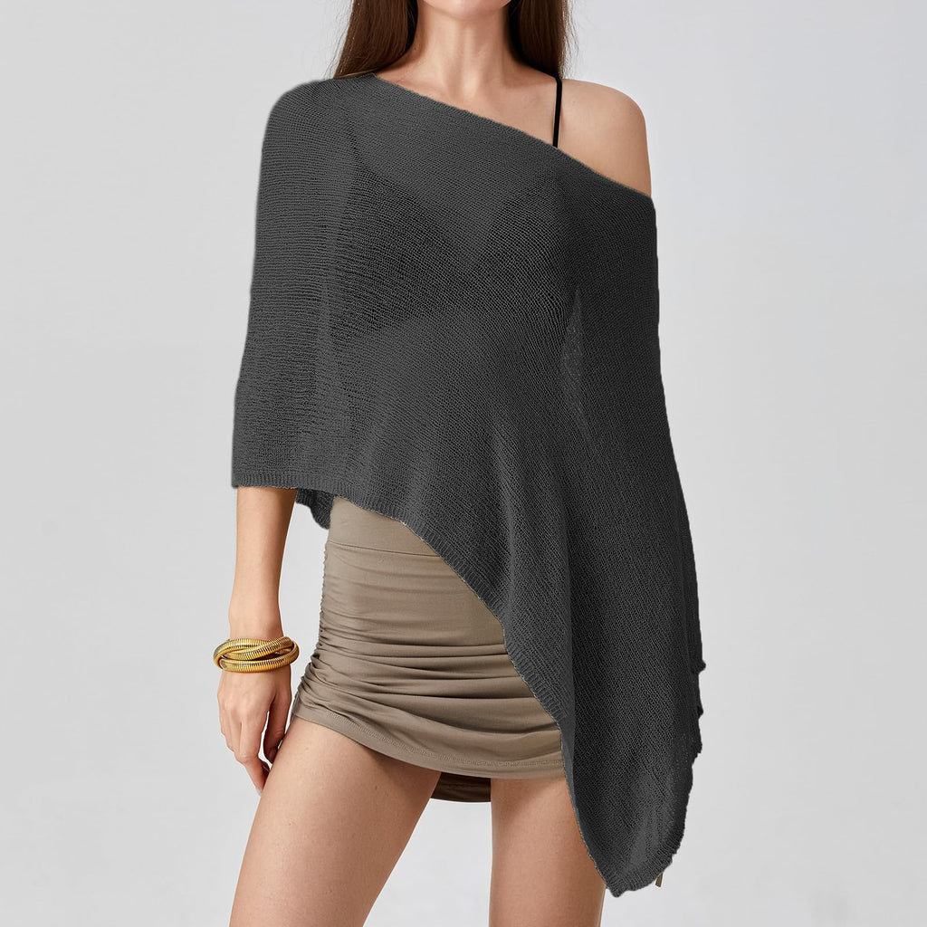 Women Sheer Poncho Top Lightweight Knit Crochet Shrug Bolero Mesh Batwing Sleeve Sweater Cover Up Beachwear