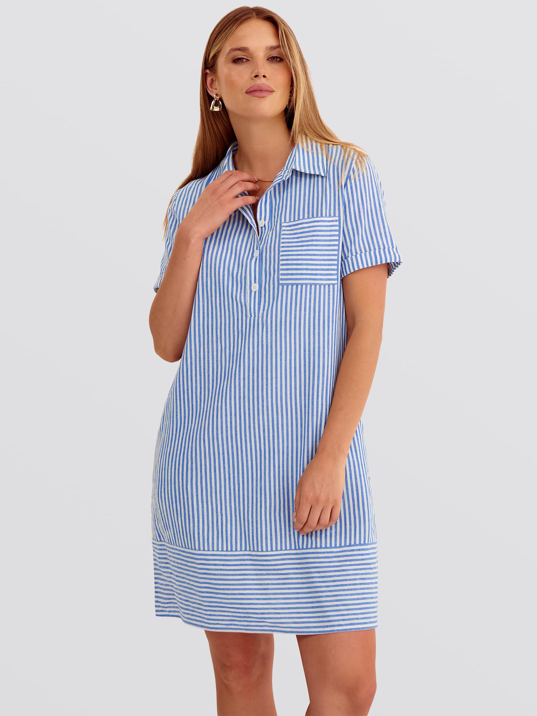 ANRABESS Womens Summer Shirt Dresses Casual Short Sleeve Button Tshirt Shift Short Polo Dress 2026 Beach Vacation Clothes Blue White Stripe Small