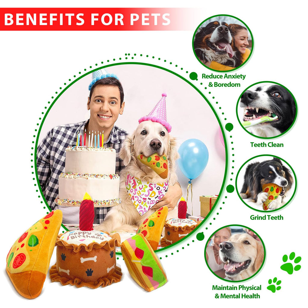 CneeeeeB Birthday Dog Toys Crinkle Dog Toy Squeak Cake Toy Aggressive chew Toys for Puppy Sandwiches Pizza Party Dog Toy Interactive Birthday Toy with 3 Pack for Dog Birthday