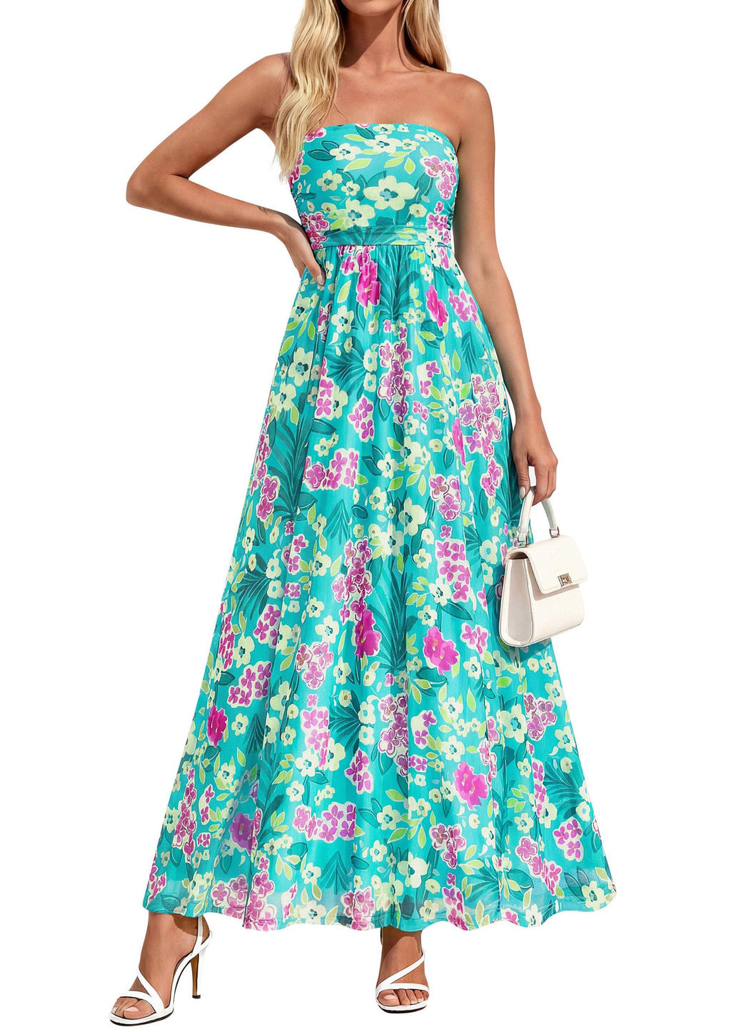 PRETTYGARDEN Women Strapless Maxi Dress 2026 Summer Floral Tube Top Ruched Beach Spring Wedding Guest Long Dresses (Floral Blue Green,Small)
