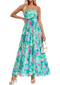 PRETTYGARDEN Women Strapless Maxi Dress 2026 Summer Floral Tube Top Ruched Beach Spring Wedding Guest Long Dresses (Floral Blue Green,Small)