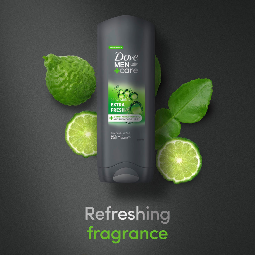 Dove Men+Care Refreshing Extra Fresh Men's 3-in-1 Hair, Face and Body Wash Body Cleanser shower gel with 24 hour nourishing MicroMoisture technology for healthy and smooth skin all day 250 ml