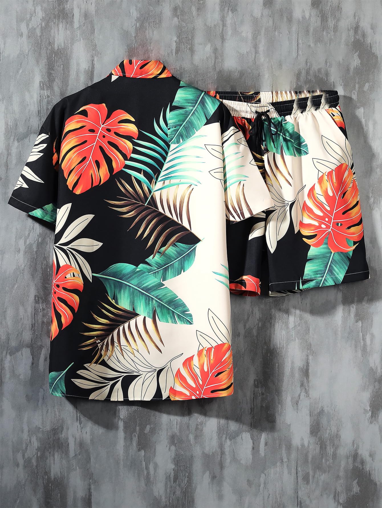GORGLITTER Men's Vacation Beach Cruise Summer Outfits 2 Piece Shorts Set Hawaiian Button Down Shirt and Shorts Green Multi Large