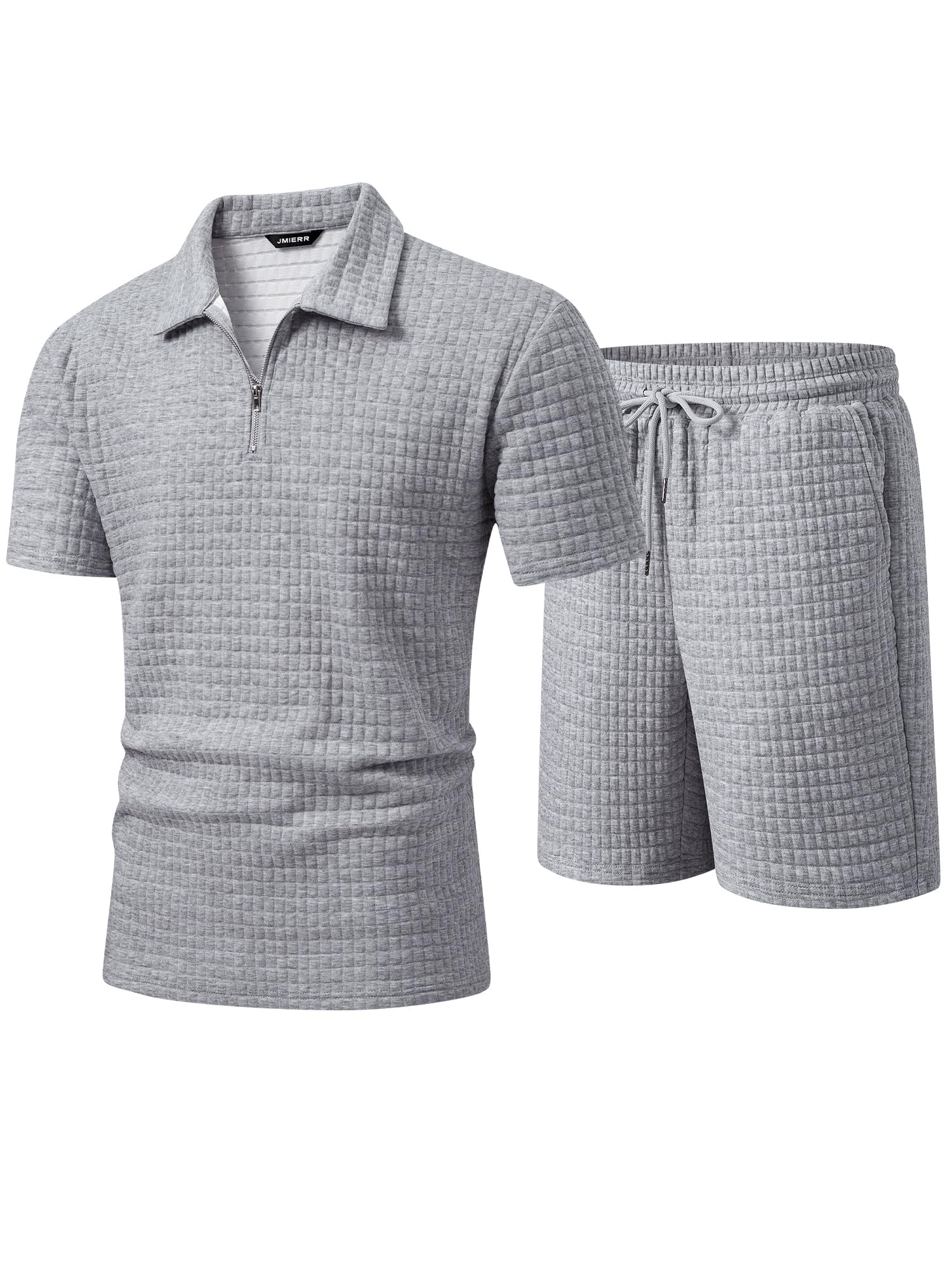 JMIERR Men's Casual Summer Set Textured Short Sleeve Shirt and Shorts 2 Piece Beach Outfit, Light Grey, M