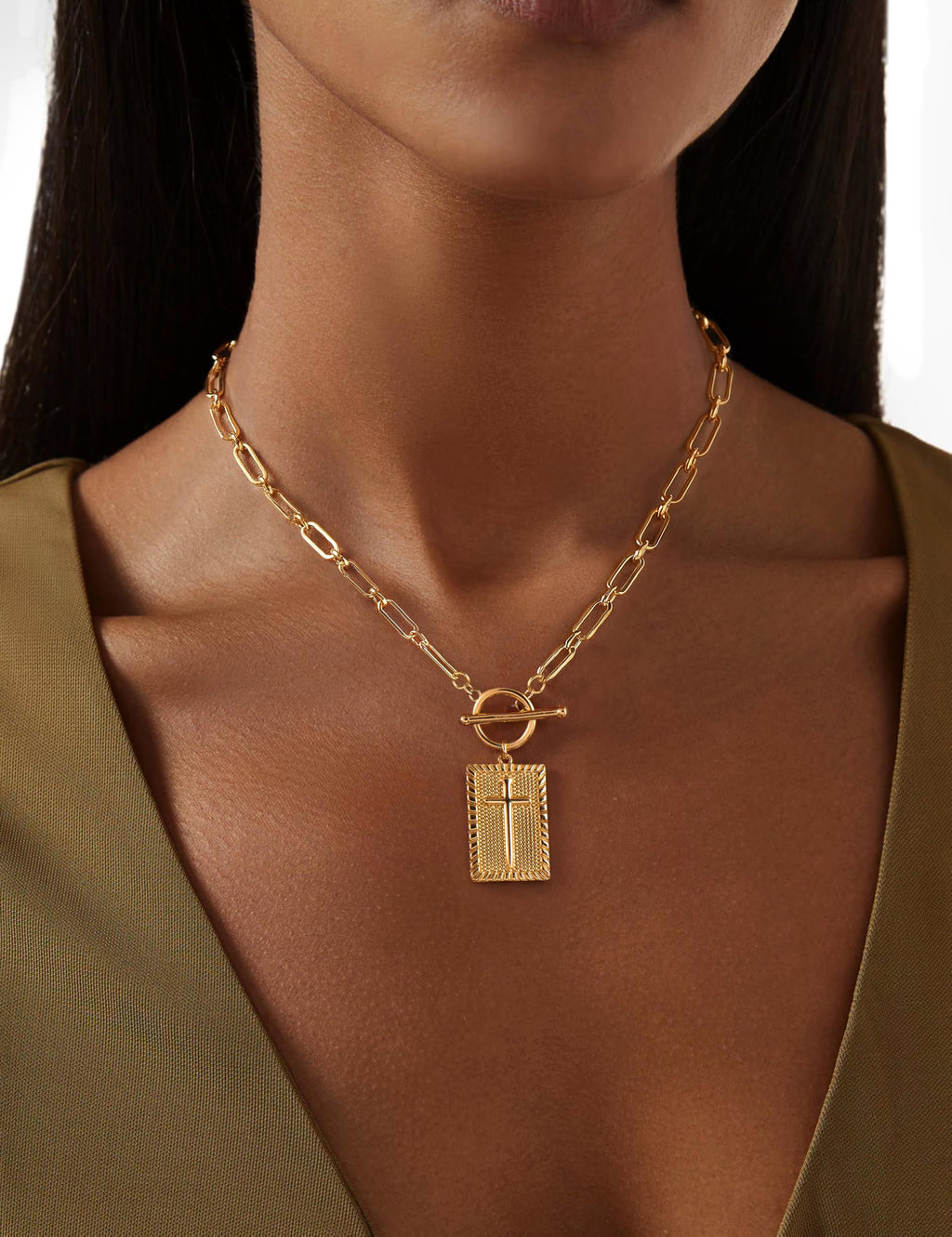 Carffordo Cross Necklace for Women - Dainty 14K Gold Plated Cross Pendant Necklaces Trendy Toggle Clasp Paperclip Chain Simple Religious Jewelry Christmas Gift