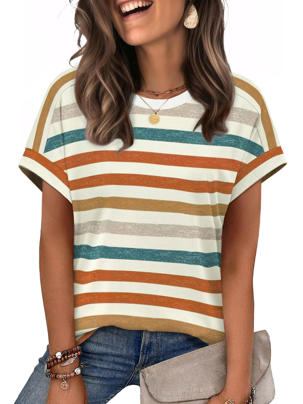 WIHOLL Womens Tops Summer Outfits 2026 Spring Clothes Boho Vacation Travel Cruise Essentials Fashion Trendy Short Sleeve T Shirts Clothing Orange Stripes L