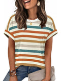 WIHOLL Womens Tops Summer Outfits 2026 Spring Clothes Boho Vacation Travel Cruise Essentials Fashion Trendy Short Sleeve T Shirts Clothing Orange Stripes L