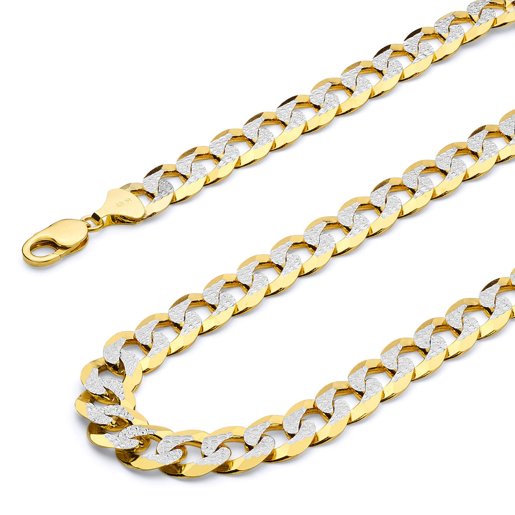 14k REAL Two Tone Gold Solid 2mm Cuban Concave Curb White Pave Chain Necklace with Spring Ring Clasp - 16"