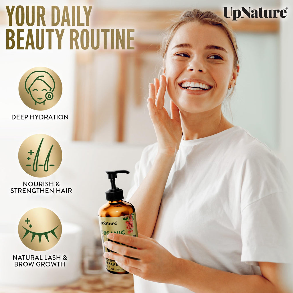 UpNature Organic Castor Oil in Glass Bottle (16 oz) 100% Pure Cold Pressed Unrefined Castor Oil for Hair Skin Face (Hexane Free)